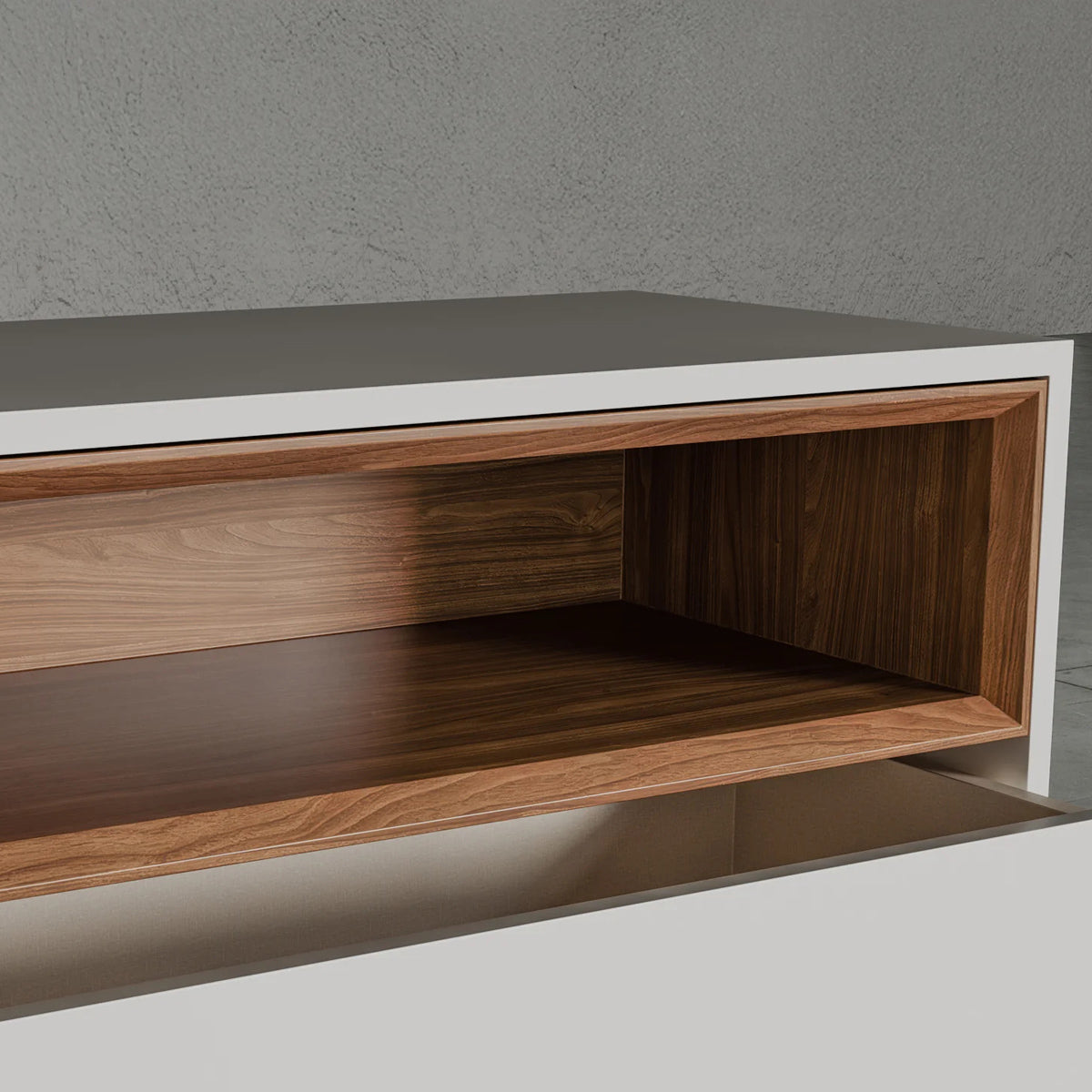 Vantor Nightstand by Viesso, showing closeup view of vantor nightstand in live shot.