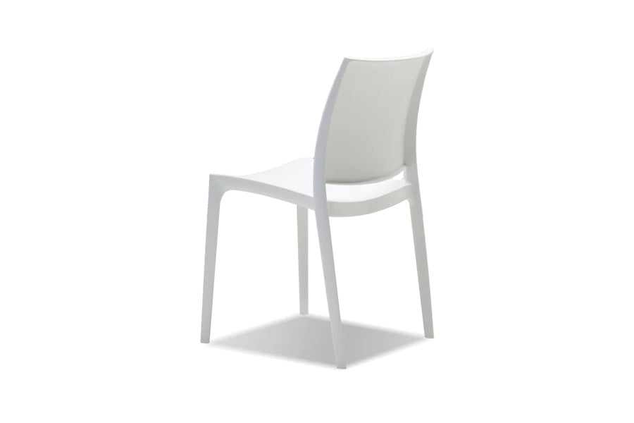 Vata Stackable Dining Chair by Mobital, showing back angle view of vata stackable dining chair in white.