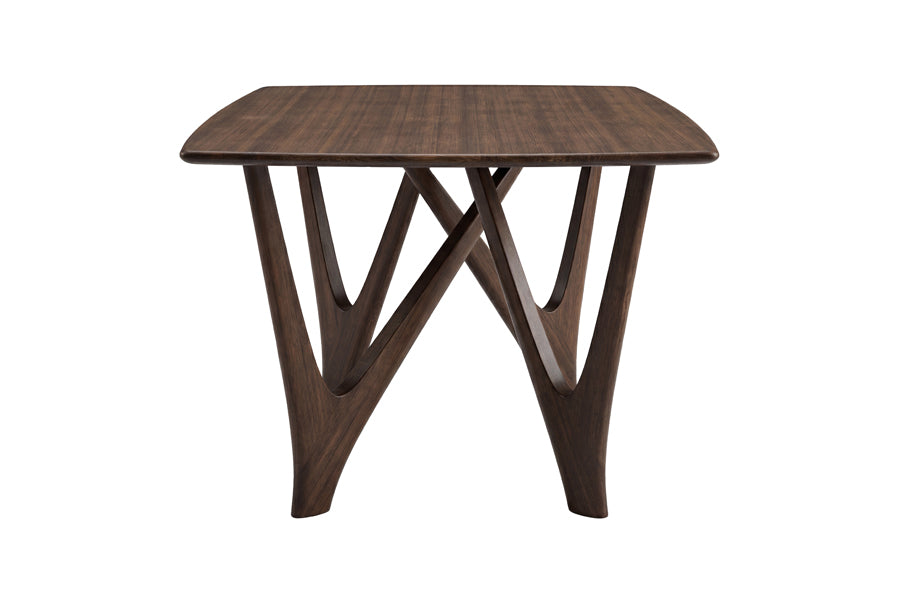 Vetra Dining Table by Greenington, showing side view of vetra dining table in black walnut.