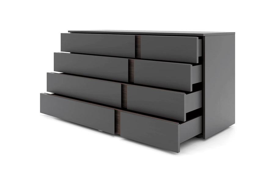 Veyn Dresser by Viesso, showing angle view of veyn dresser in dark gull gray and black walnut.