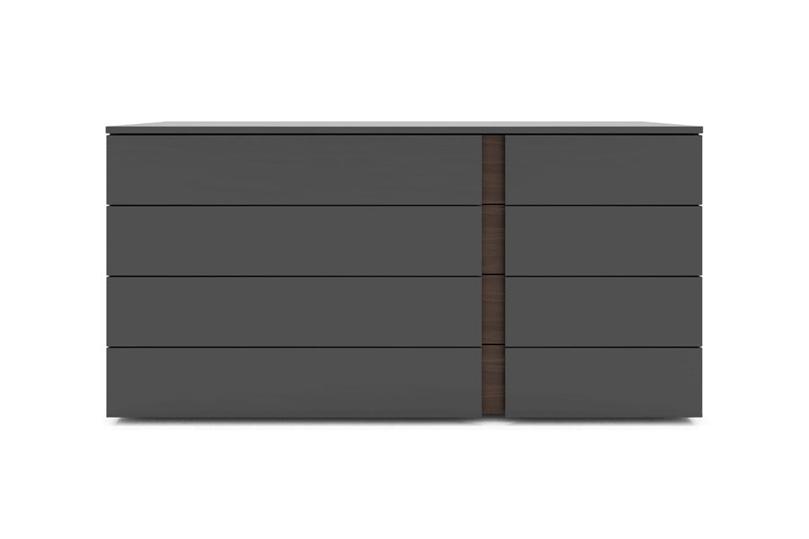 Veyn Dresser by Viesso, showing front view of veyn dresser in dark gull gray and black walnut.