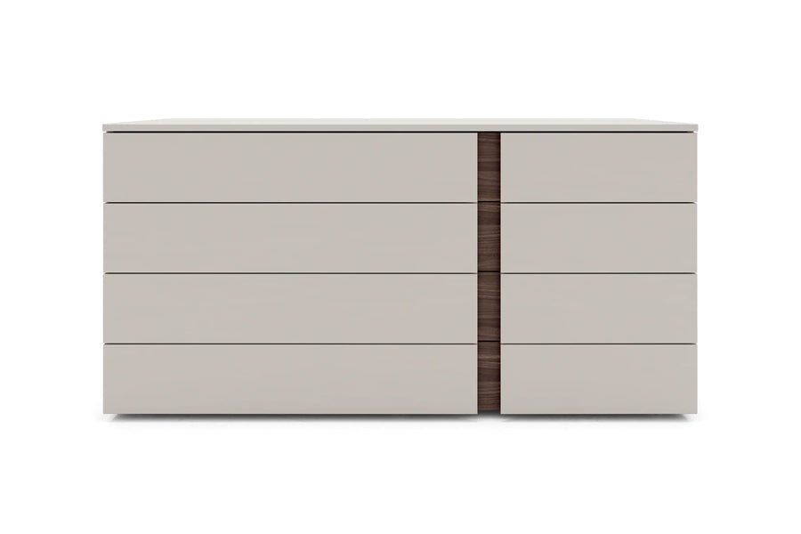 Veyn Dresser by Viesso, showing front view of veyn dresser in chateau gray and walnut.