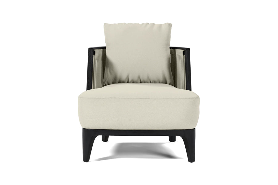 Veyra Outdoor Chair by Viesso, showing front view of veyra outdoor chair in biscuit fabric.