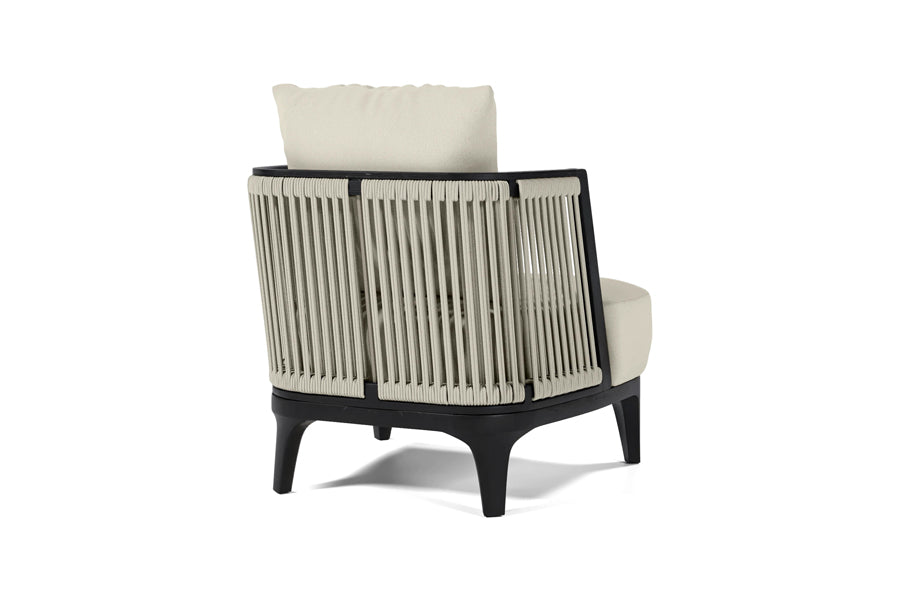 Veyra Outdoor Chair by Viesso, showing back view of veyra outdoor chair in biscuit fabric.
