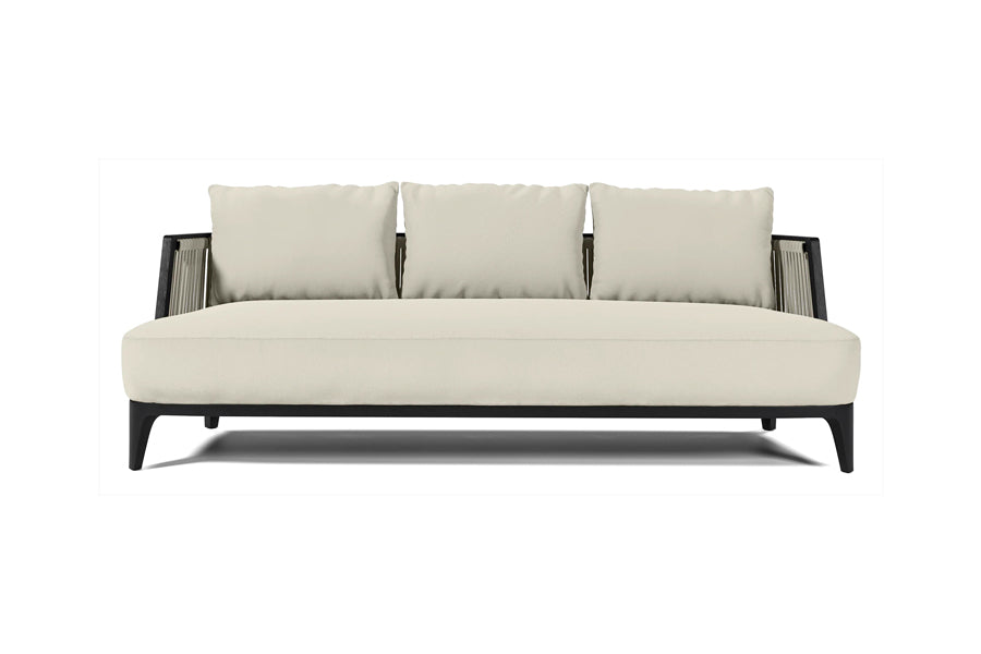 Veyra Outdoor Sofa by Viesso, showing front view of veyra outdoor sofa in biscuit fabric.