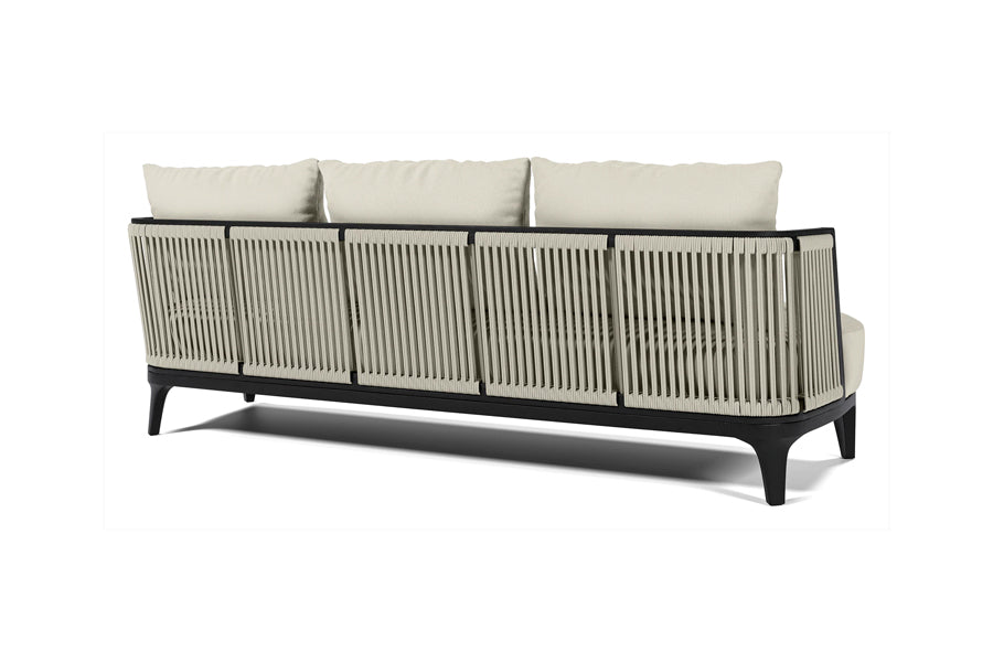 Veyra Outdoor Sofa by Viesso, showing back view of veyra outdoor sofa in biscuit fabric.