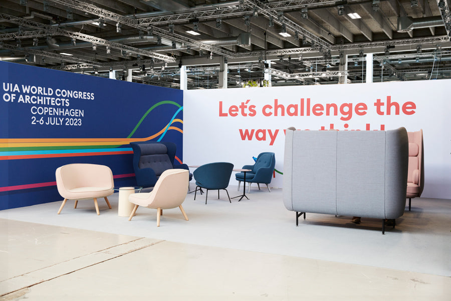 Via57 Lounge Chair by Fritz Hansen, showing via57 lounge chairs in live shot.