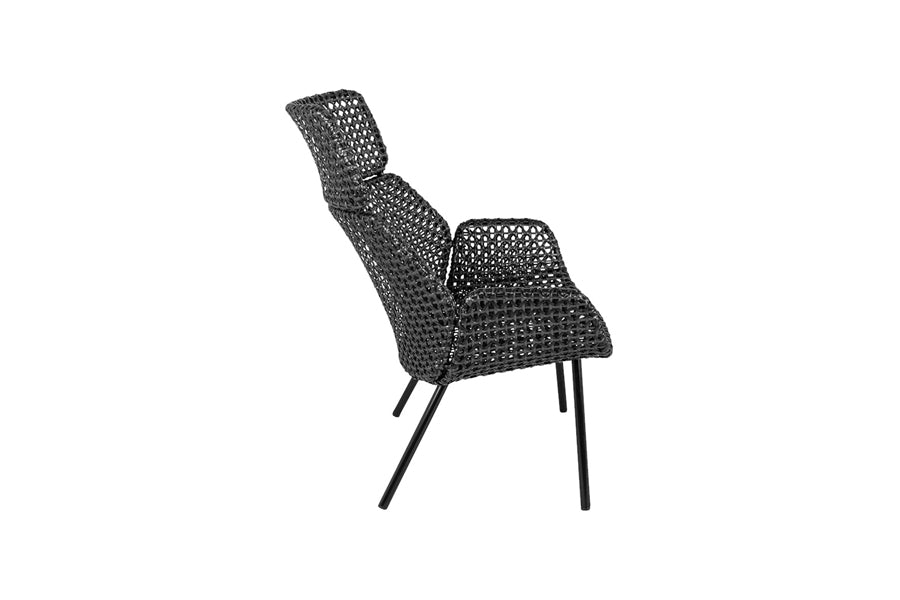 Vibe Highback Chair by Cane-Line, showing side view of vibe highback chair in black/graphite weave.
