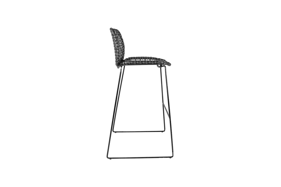 Vibe Stackable Bar Chair by Cane-Line, showing side view of vibe stackable bar chair in black/graphite weave.