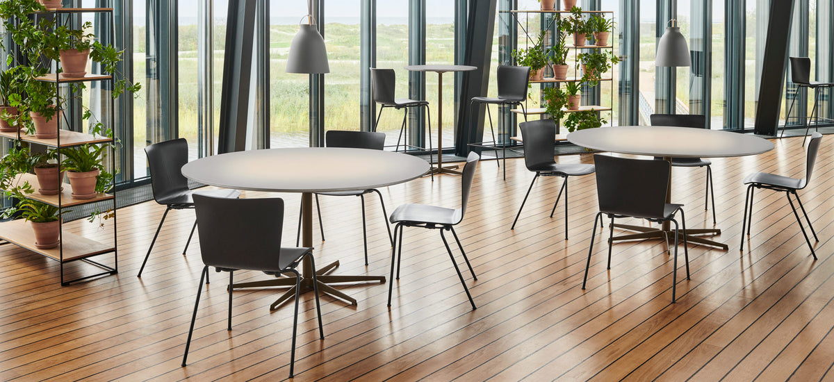 Vico Duo Chair by Fritz Hansen, showing vico duo chairs in live shot.