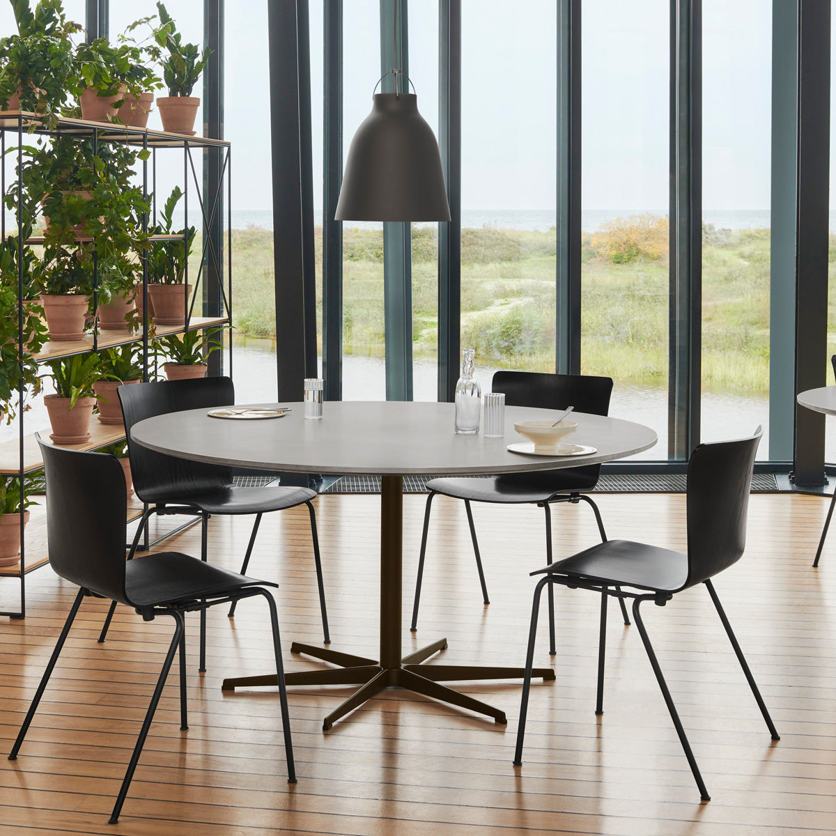 Vico Duo Chair by Fritz Hansen, showing vico duo chairs in live shot.