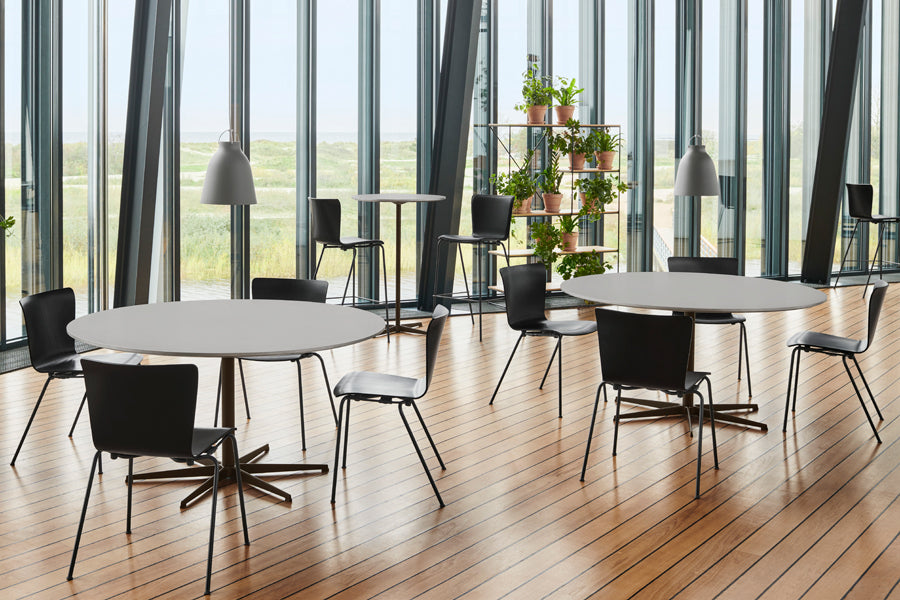 Vico Duo Chair with Welded Linking Device by Fritz Hansen, showing vico duo chairs with welded linking device in live shot.