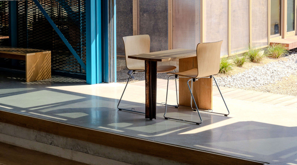 Vico Duo Sledge Chair by Fritz Hansen, showing vico duo sledge chairs in live shot.