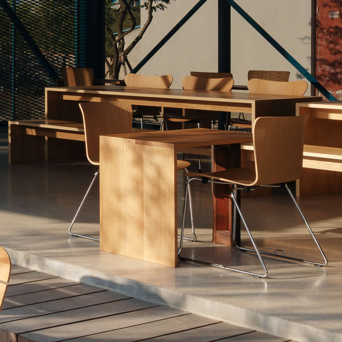 Vico Duo Sledge Chair by Fritz Hansen, showing vico duo sledge chairs in live shot.