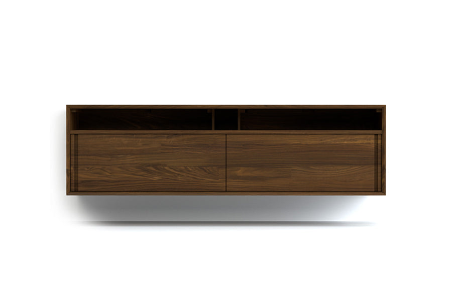 Wall Mounted Cabinet by Copeland Furniture, showing front view of wall mounted cabinet in media (sliding 2 doors)/66" low/natural walnut.