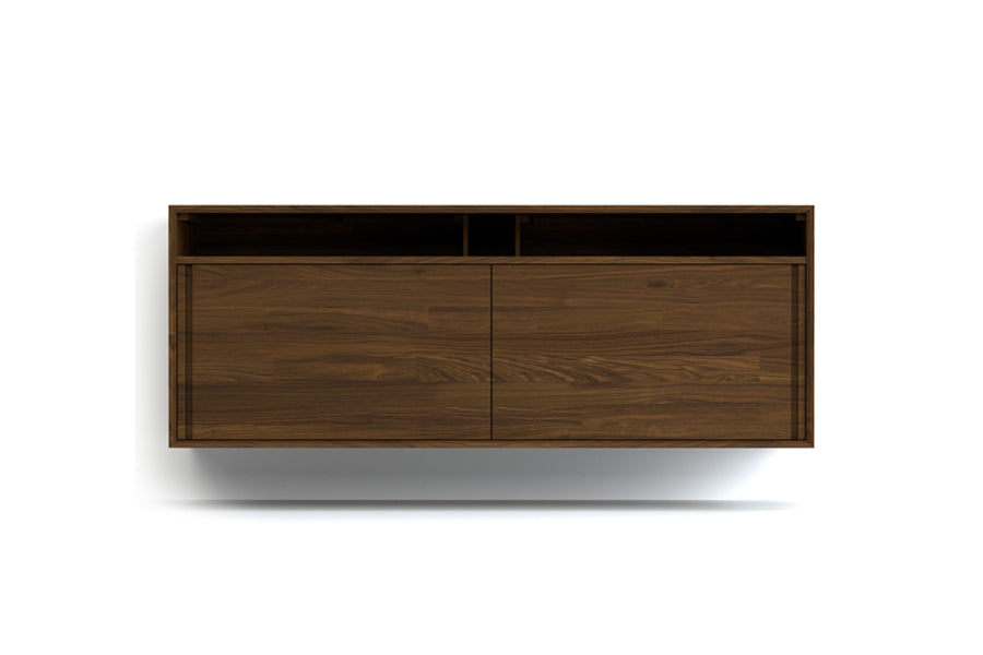 Wall Mounted Cabinet by Copeland Furniture, showing front view of wall mounted cabinet in media (sliding 2 doors)/66" high/natural walnut.