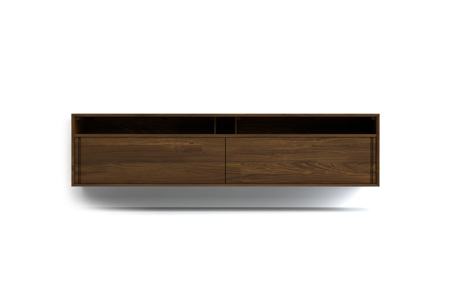 Wall Mounted Cabinet by Copeland Furniture, showing front view of wall mounted cabinet in media (sliding 2 doors)/79" low/natural walnut.