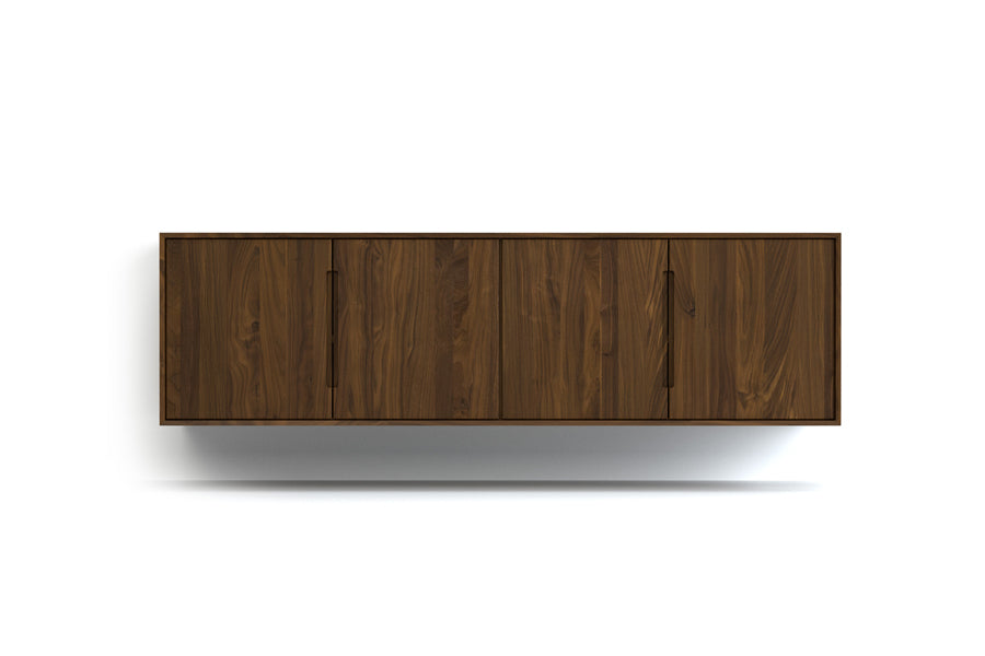 Wall Mounted Cabinet by Copeland Furniture, showing front view of wall mounted cabinet in storage console (hinged 4 doors)/66" low/natural walnut.