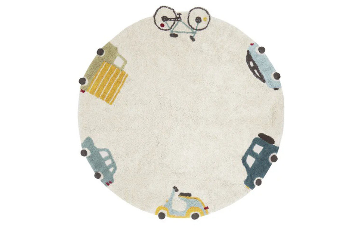 Wheels Washable Rug by Lorena Canals, showing front view of wheels washable rug.
