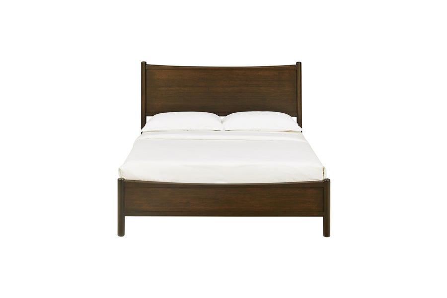 Weston Bedroom Collection by Greenington, showing front view of weston bedroom collection in bed(with mattress)/black walnut.