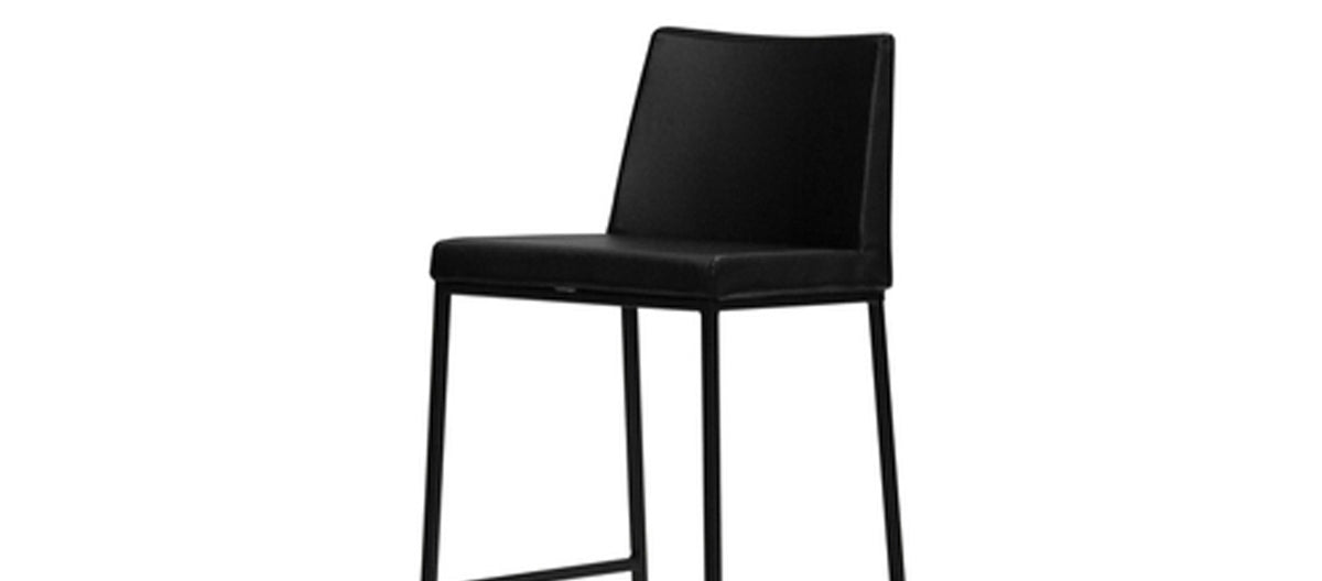 Weston Counter Stool by Mobital, showing closeup view of weston counter stool in black leatherette/black powder coated legs.