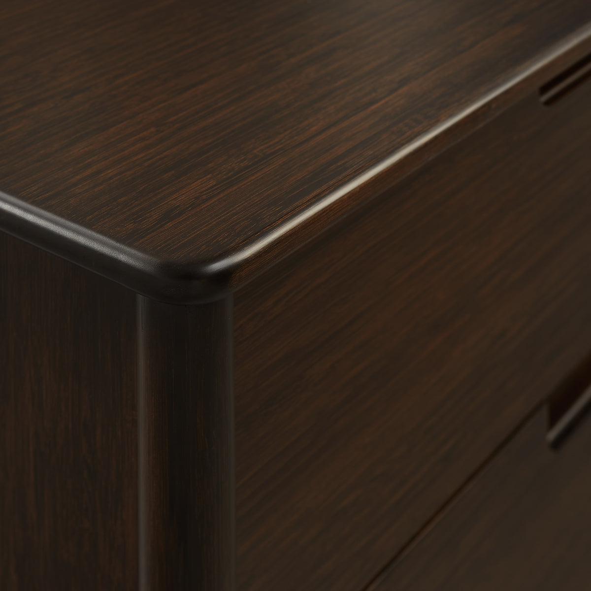 Weston Five Drawer Chest by Greeninton, showing closeup view of weston five drawer chest in live shot.