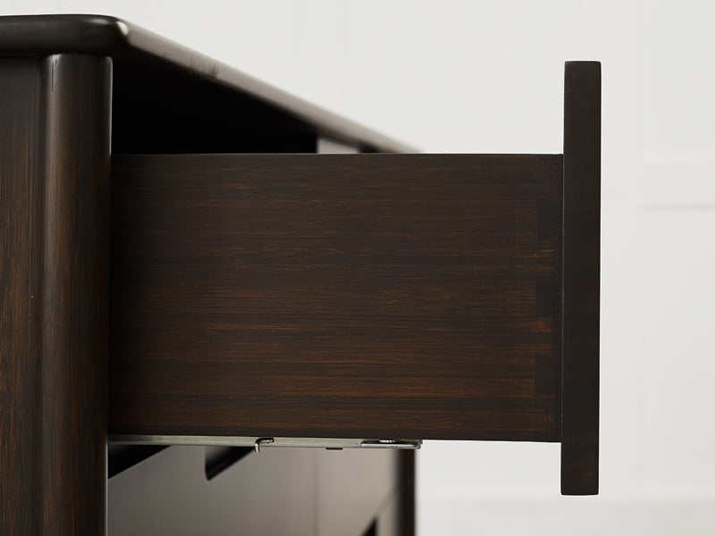 Weston Five Drawer Chest by Greeninton, showing closeup view of weston five drawer chest in live shot.