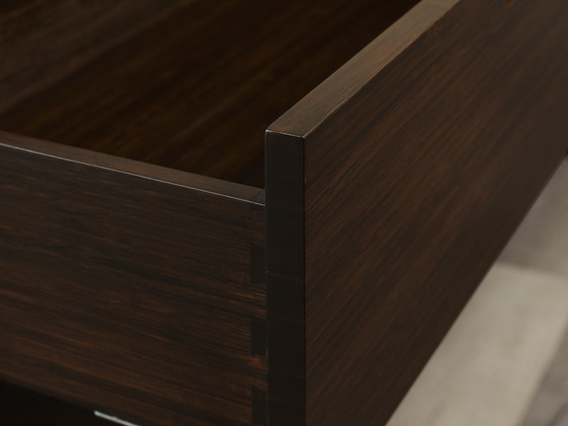Weston Five Drawer Chest by Greeninton, showing closeup view of weston five drawer chest in live shot.