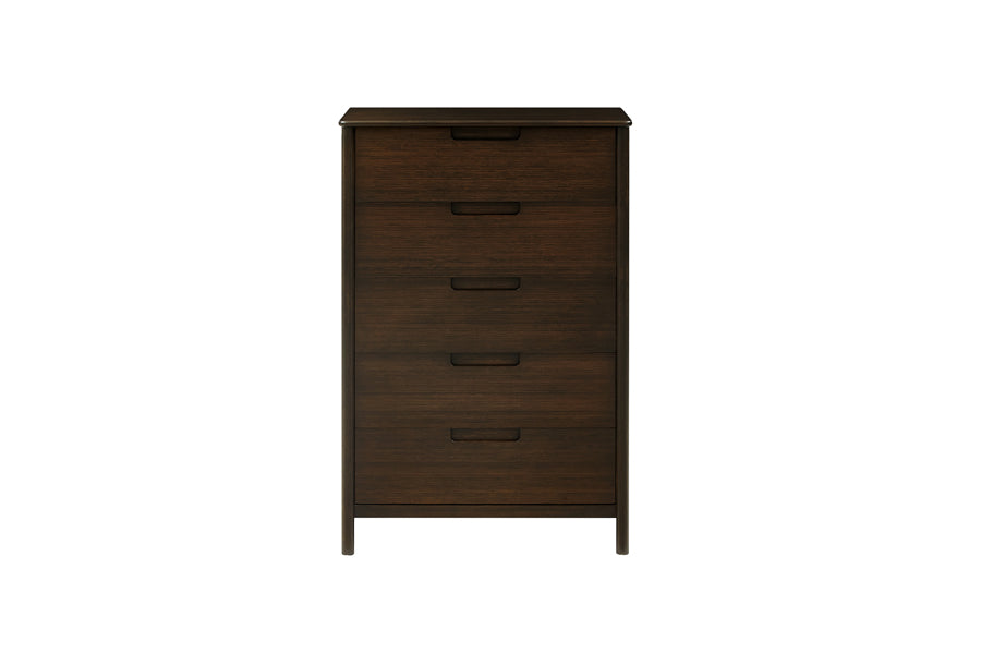 Weston Five Drawer Chest by Greeninton, showing front view of weston five drawer chest in black walnut.