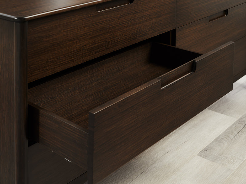 Weston Six Drawer Dresser by Greeninton, showing closeup view of weston six drawer dresser in live shot.