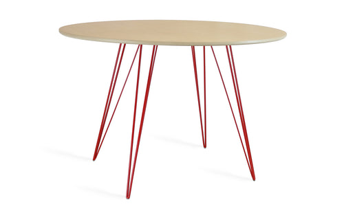 Williams Oval Dining Table by Tronk Design - Maple Wood, Red Powder Coated Steel.
