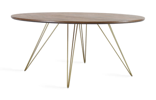 Williams Round Coffee Table by Tronk Design - Walnut Wood, Brassy Gold Powder Coated Steel.