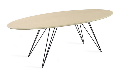 Williams Thin Coffee Table by Tronk Design - Oval, Maple Wood, Black Powder Coated Steel.