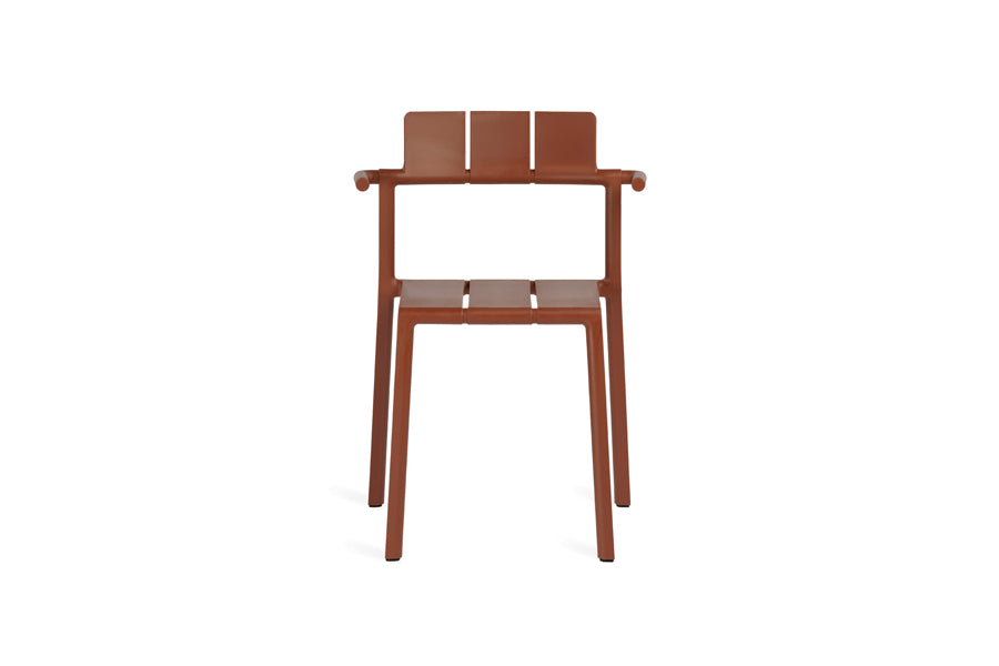 Yard Armchair by Toou, showing front view of yard armchair in rust red pp/none.