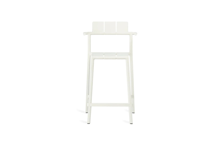 Yard Armrests Stool by Toou, showing front view of yard armrests stool in counter/white pp.