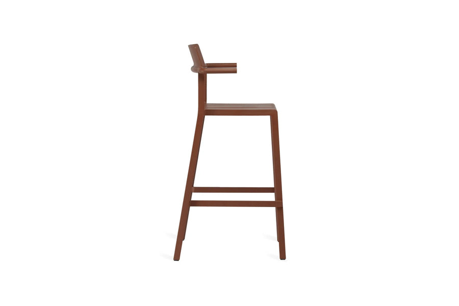 Yard Armrests Stool by Toou, showing side view of yard armrests stool in counter/rust red pp.