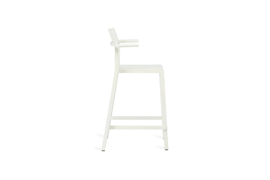 Yard Armrests Stool by Toou, showing side view of yard armrests stool in counter/white pp.