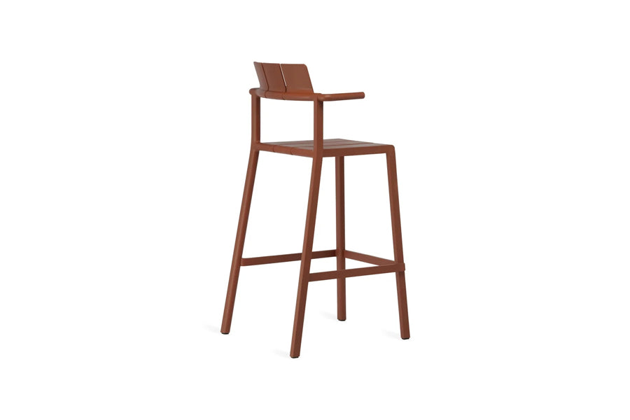 Yard Armrests Stool by Toou, showing back angle view of yard armrests stool in counter/rust red pp.