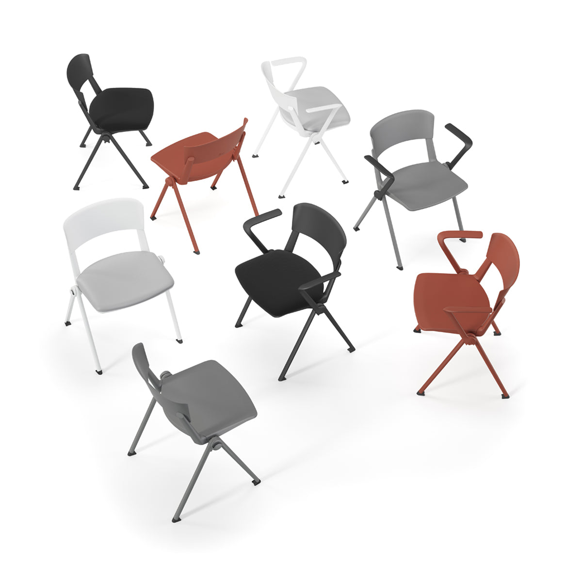 Yugen Stacking Armchair by Kollektiff, showing different angle view of yugen stacking armchairs in different metal/plastic with armless chairs.