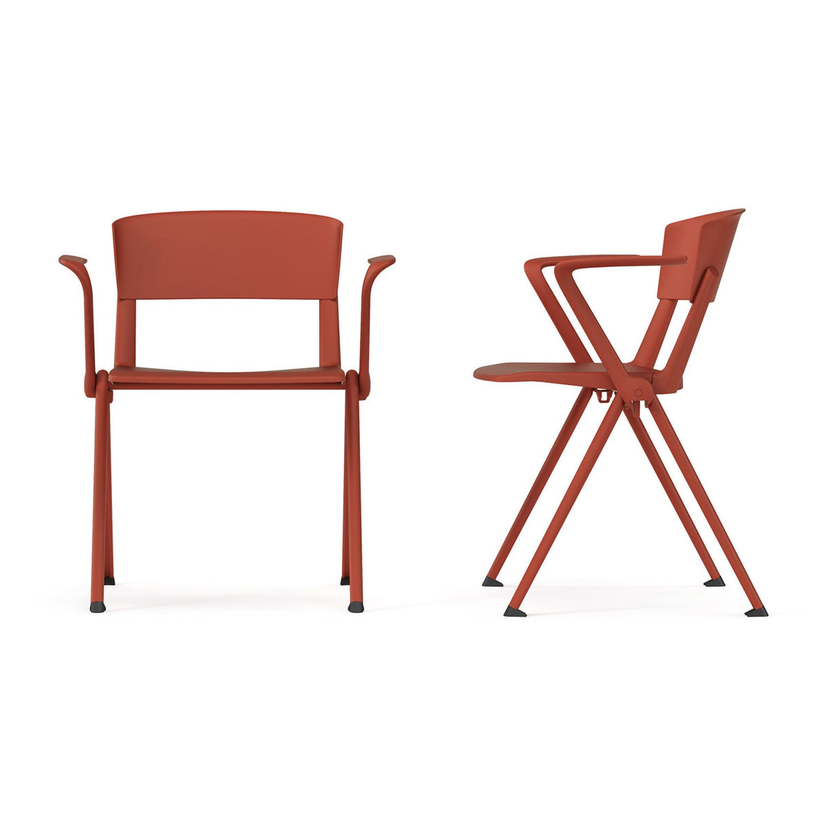 Yugen Stacking Armchair by Kollektiff, showing different angle view of yugen stacking armchairs in corel red metal/corel red plastic/no upholstery.