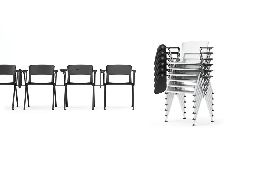Yugen Stacking Armchair by Kollektiff, showing front view of yugen stacking armchairs in black metal/black plastic/no upholstery with armchars/armtables.