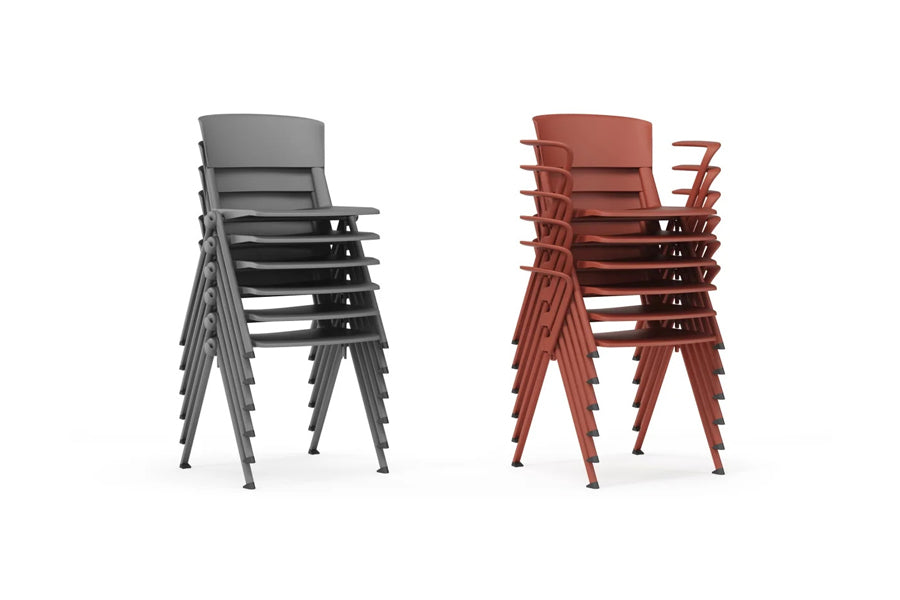 Yugen Stacking Armchair by Kollektiff, showing angle view of yugen stacking armchairs in corel red metal/corel red plastic/no upholstery with armless chairs.