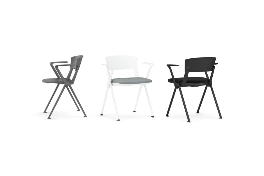 Yugen Stacking Armchair by Kollektiff, showing different angle view of yugen stacking armchairs in metal/plastic/upholstery with armless.