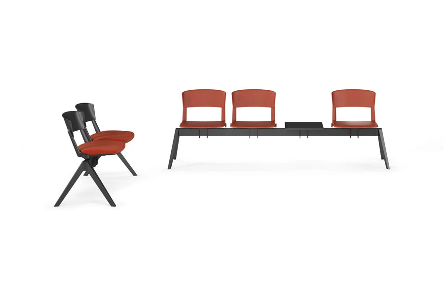 Yugen Stacking Armless Chair by Kollektiff, showing side view of yugen stacking armless chairs in black metal/black plastic/upholstery.