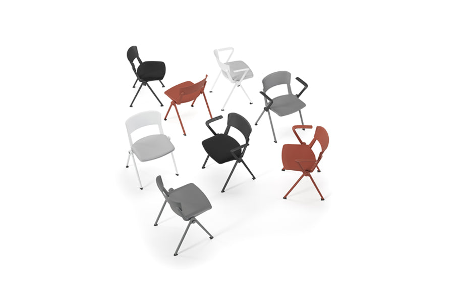 Yugen Stacking Armless Chair by Kollektiff, showing different angle view of yugen stacking armless chairs in different metal/plastic with armchairs.