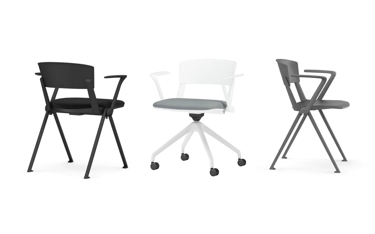Yugen Swivel Armchair by Kollektiff, showing angle view of yugen swivel armchair in white metal/white plastic/upholstery with chairs.