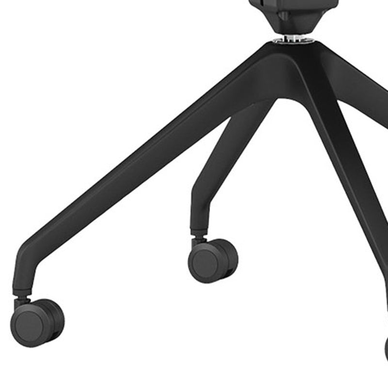 Yugen Swivel Armchair by Kollektiff, showing closeup view of yugen swivel armchair in black metal/black plastic.