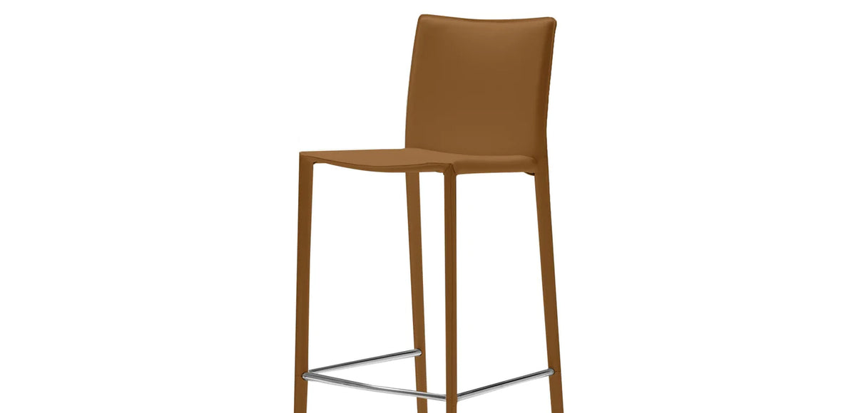 Zak Counter Stool by Mobital, showing closeup view of zak counter stool in caramel leather.