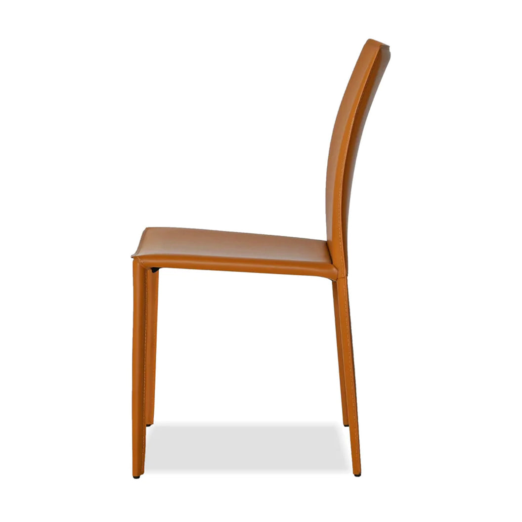 Zak Dining Chair by Mobital, showing side view of zak dining chair in caramel leather.