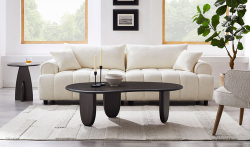Zephyr Coffee Table by Greenington, showing zephyr coffee table with side table in live shot.